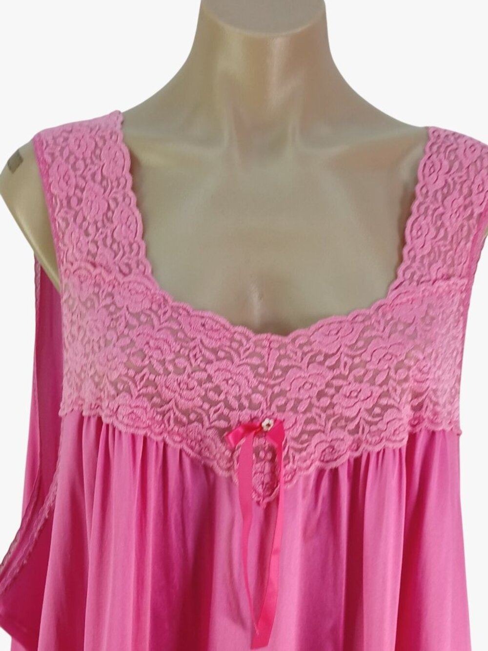 Vintage Vanity Fair Bright Pink Sleeveless Nightgown Size XXXL Lace Bodice Bow - Picture 3 of 10